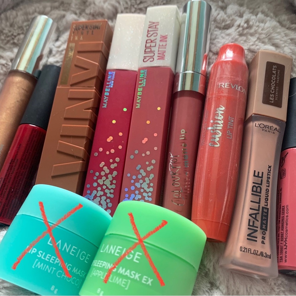 Lot of 9 lip products (Maybelline, L’Oréal, Becca, Colourpop, Nyx)